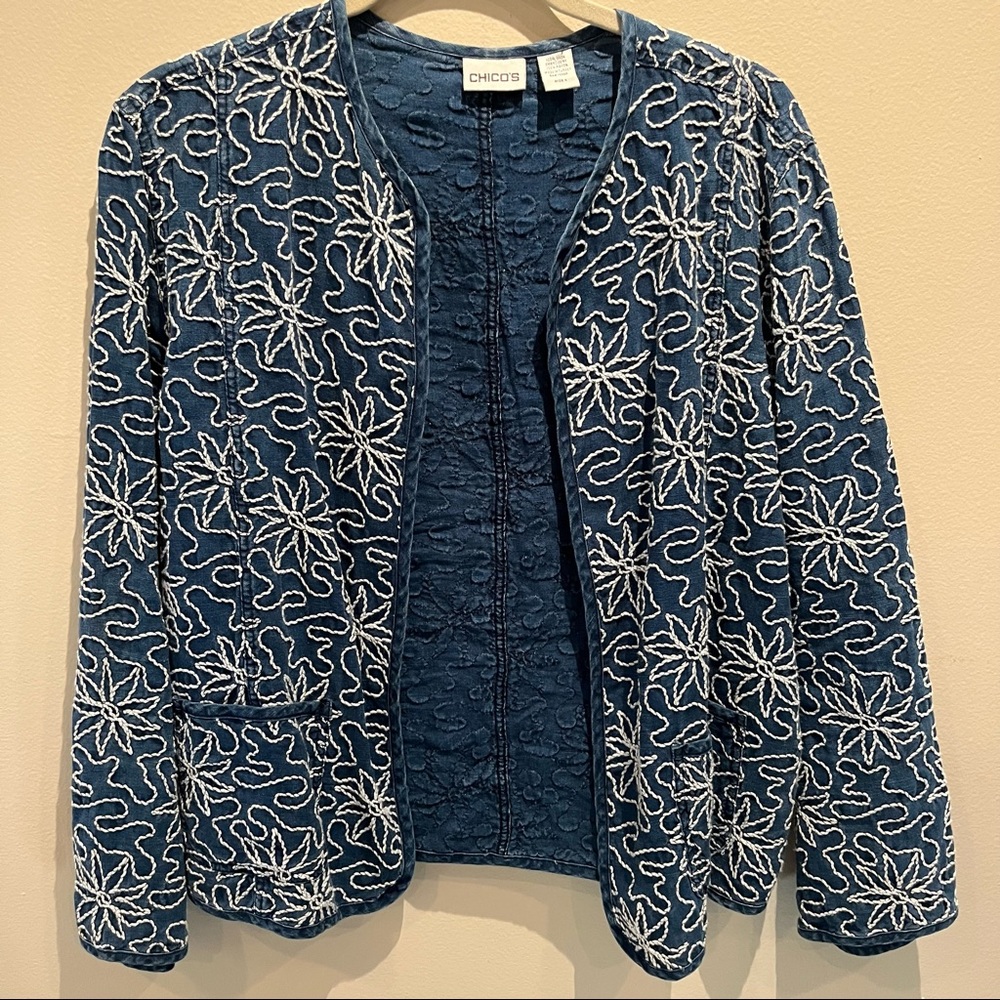EUC Chico's denim jacket with white embroidery Size 2